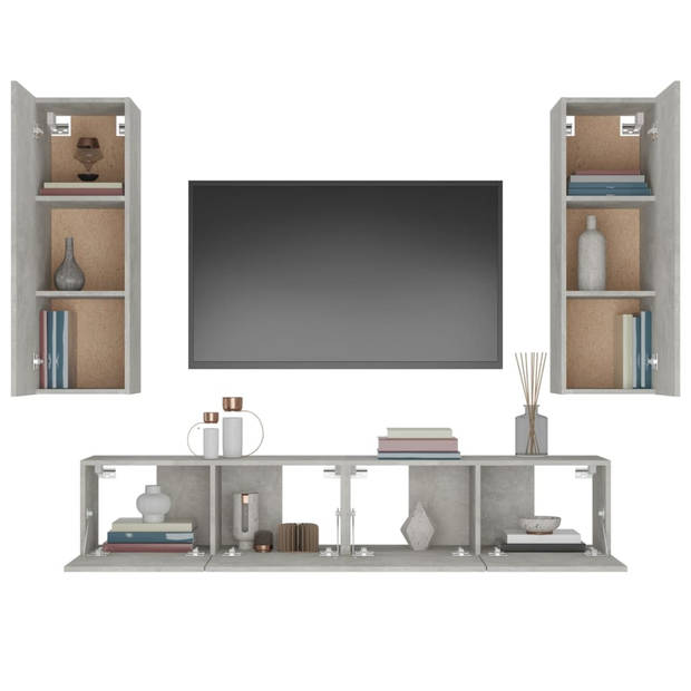 The Living Store Televisiemeubelset - betongrijs - 2x 80x30x30cm - 2x 30.5x30x90cm - bewerkt hout