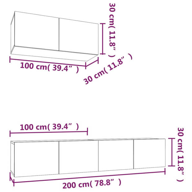 The Living Store TV-meubelset - betongrijs - 100 x 30 x 30 cm - bewerkt hout