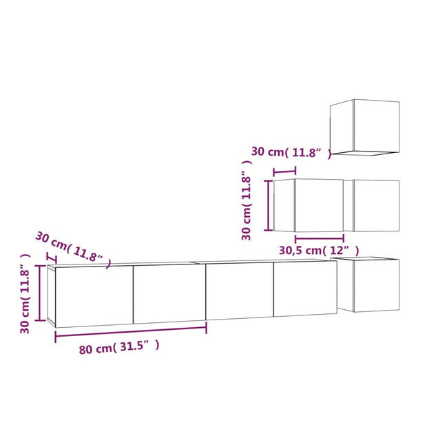 The Living Store TV-meubelset - Gerookt eiken - 30.5 x 30 x 30 cm (S) / 80 x 30 x 30 cm (L) - 4 x tv-meubel (S) / 2 x