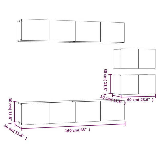 The Living Store TV-meubelset - Hoogglans wit - 4x 80x30x30 cm - 2x 60x30x30 cm