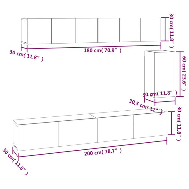 The Living Store TV-meubelset - Klassiek Sonoma Eiken - Wandgemonteerd - 3x 60x30x30cm - 1x 30.5x30x60cm - 2x