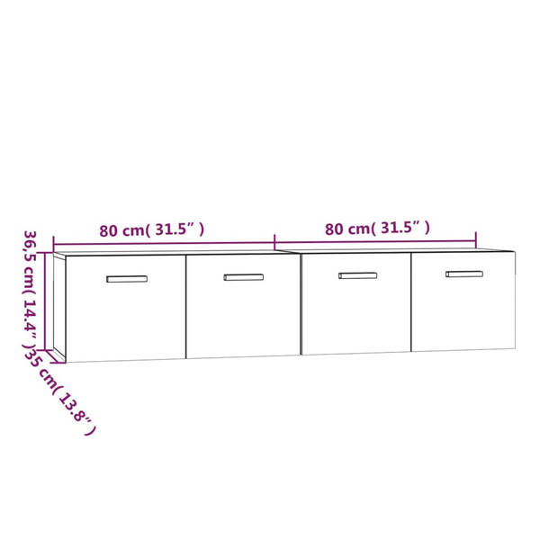 vidaXL Wandkasten 2 st 80x35x36,5 cm bewerkt hout hoogglans wit