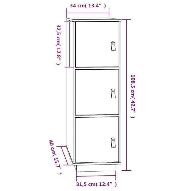 vidaXL Hoge kast 34x40x108,5 cm massief grenenhout wit