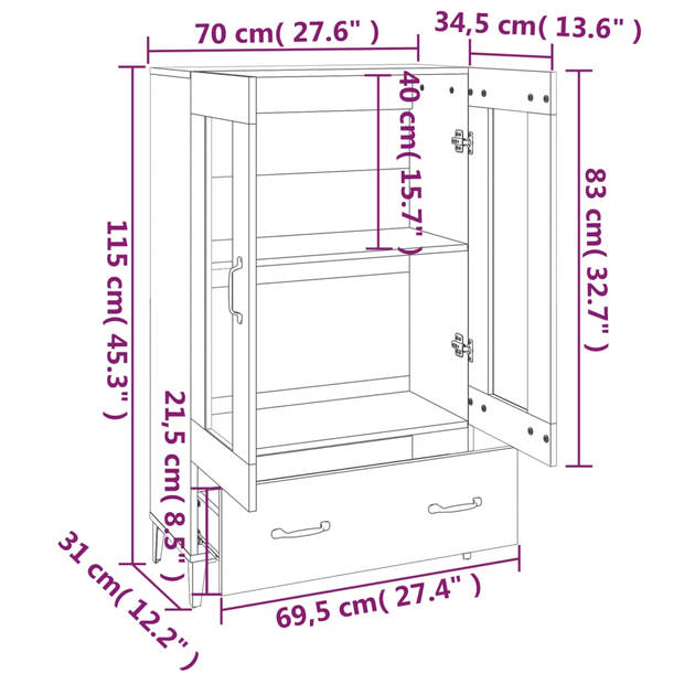 vidaXL Hoge kast 70x31x115 cm bewerkt hout gerookt eikenkleurig