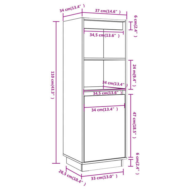 vidaXL Hoge kast 37x34x110 cm massief grenenhout wit