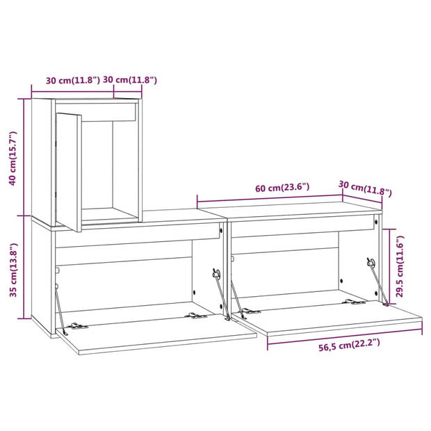 The Living Store Televisiekasten - Klassiek design - Massief grenenhout - Set van 3 - 60x30x35cm - 30x30x40cm -