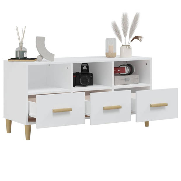 The Living Store TV-meubel Basic - Wit - 102 x 36 x 50 cm - Bewerkt hout en massief eucalyptushout