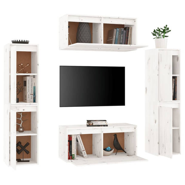 The Living Store Klassieke televisiekasten - Massief grenenhout - Praktisch design - Wandmeubelen - Wit - Montage