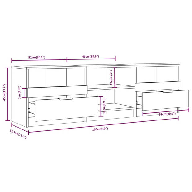 The Living Store Tv-meubel - Bruineiken - 150 x 33.5 x 45 cm - Praktisch materiaal en voldoende opbergruimte