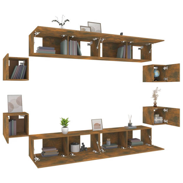 The Living Store TV-meubelset - Gerookt eiken - 8 stuks - 100x30x30cm - 30.5x30x30cm - Wandgemonteerd