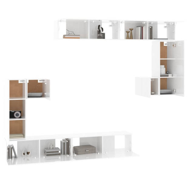 The Living Store Televisiewandmeubel - Hangende TV-kast - Set van 8 - Hoogglans wit - Bewerkt hout - 30.5 x 30/90/100