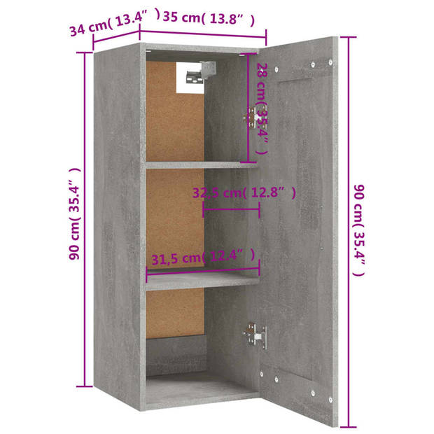 vidaXL Hangkast 35x34x90 cm bewerkt hout betongrijs