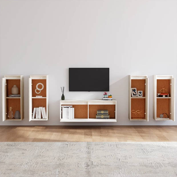 The Living Store Wandkasten - Massief grenenhout - Set van 5 - Wit - TV-meubel- 100x30x35cm - Hangkast- 30x30x80cm