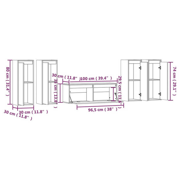 The Living Store Wandkasten - Massief grenenhout - Set van 5 - Wit - TV-meubel- 100x30x35cm - Hangkast- 30x30x80cm