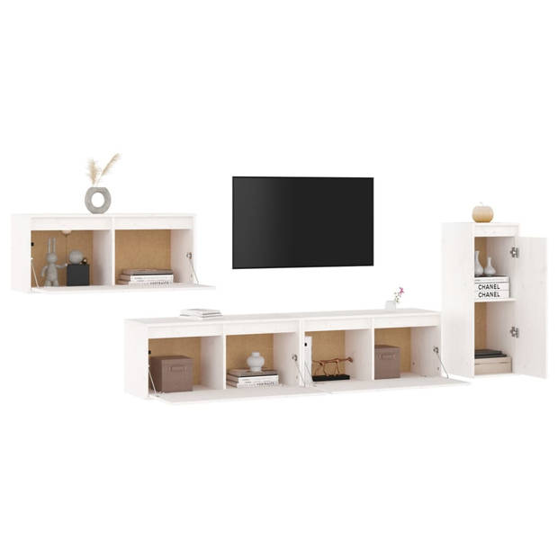 The Living Store Wandkasten - Massief grenenhout - Wit - Set van 3x 80x30x35cm - 1x 30x30x80cm