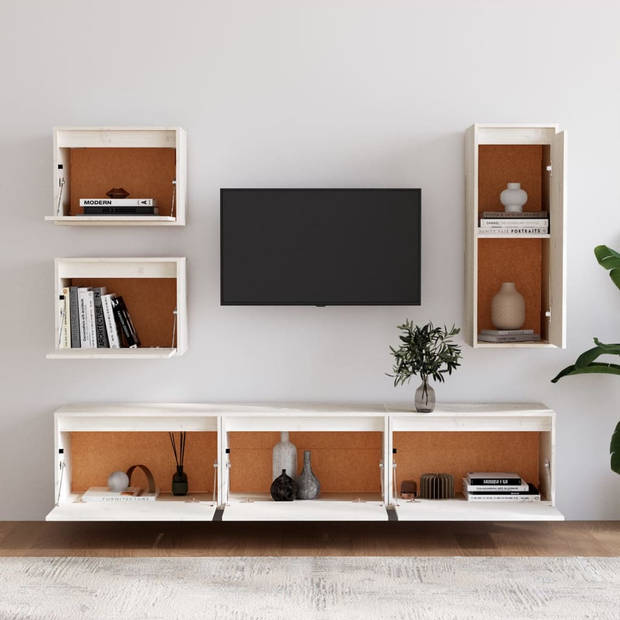 The Living Store TV meubel set - hangkast - massief grenenhout - wit - 3x 60x30x35cm - 2x 45x30x35cm - 1x 30x30x80cm