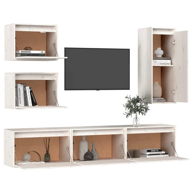 The Living Store TV meubel set - hangkast - massief grenenhout - wit - 3x 60x30x35cm - 2x 45x30x35cm - 1x 30x30x80cm