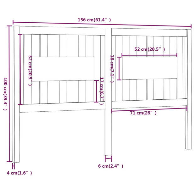 vidaXL Hoofdbord 156x4x100 cm massief grenenhout grijs