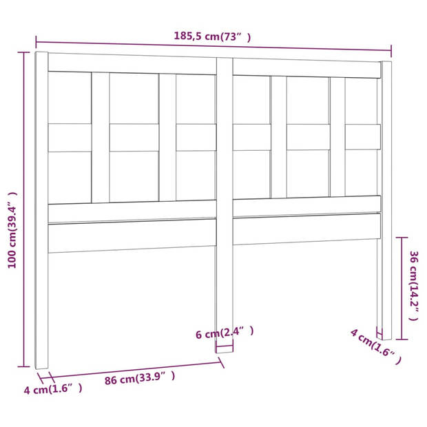 vidaXL Hoofdbord 185,5x4x100 cm massief grenenhout grijs