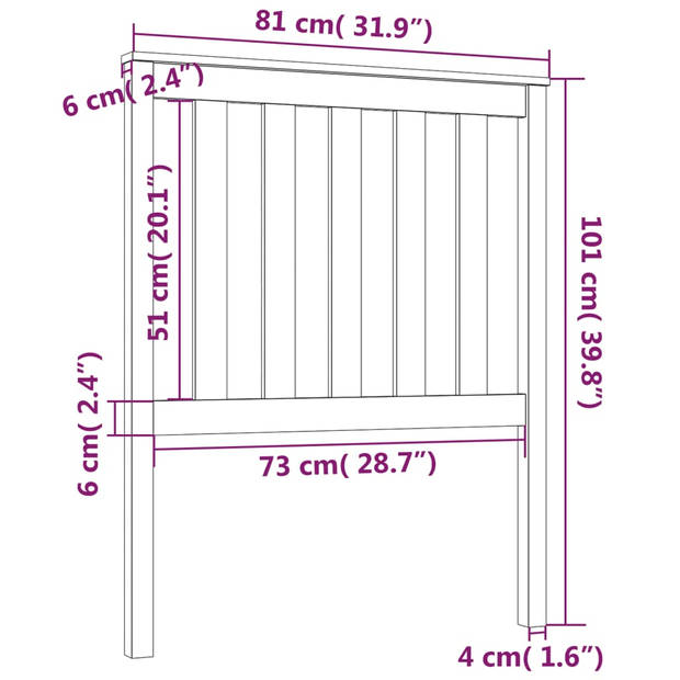 vidaXL Hoofdbord 81x6x101 cm massief grenenhout zwart