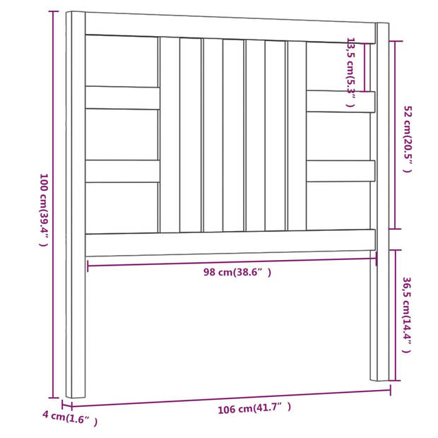 vidaXL Hoofdbord 106x4x100 cm massief grenenhout