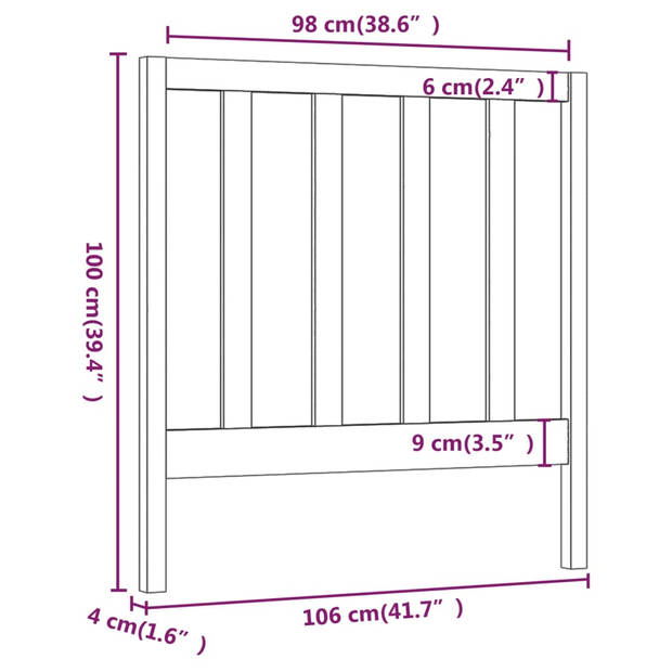 vidaXL Hoofdbord 106x4x100 cm massief grenenhout zwart