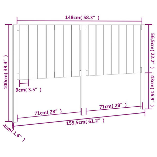 vidaXL Hoofdbord 155,5x4x100 cm massief grenenhout honingbruin