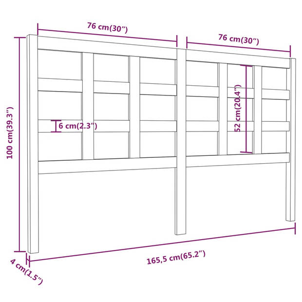 vidaXL Hoofdbord 165,5x4x100 cm massief grenenhout honingbruin