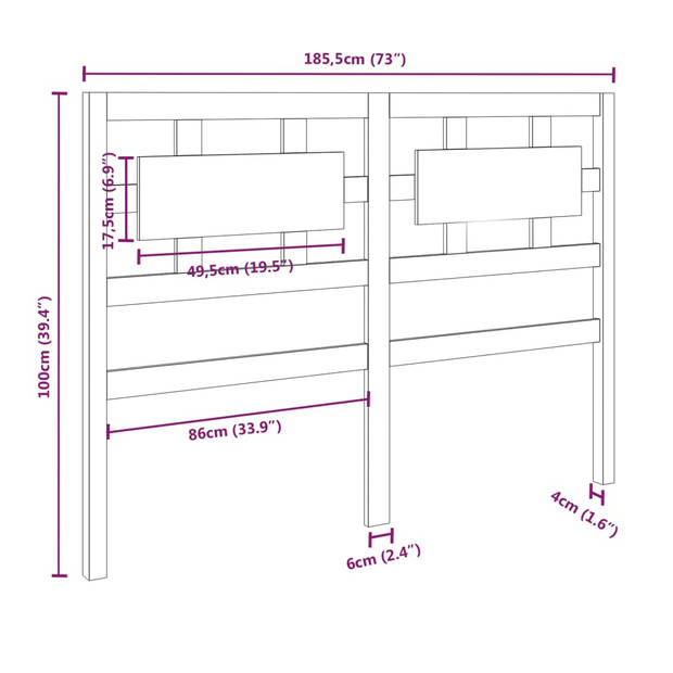 vidaXL Hoofdbord 185,5x4x100 cm massief grenenhout zwart