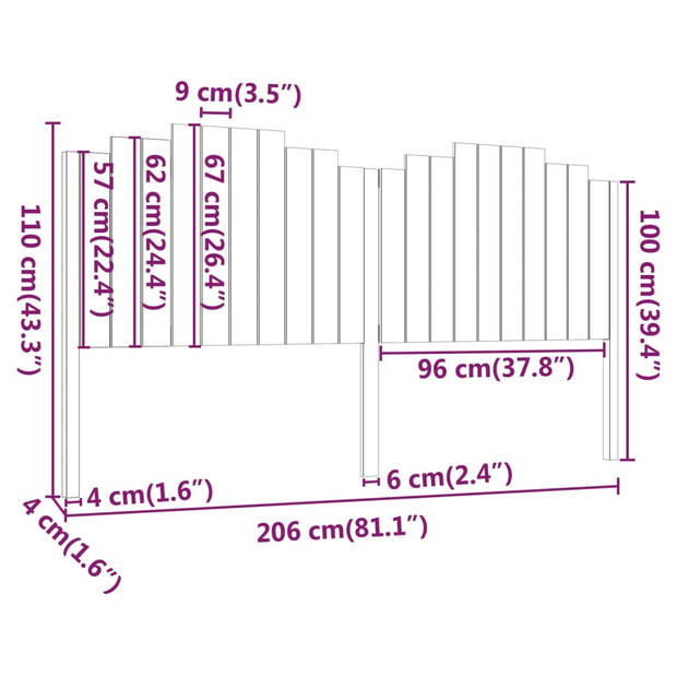 vidaXL Hoofdbord 206x4x110 cm massief grenenhout zwart