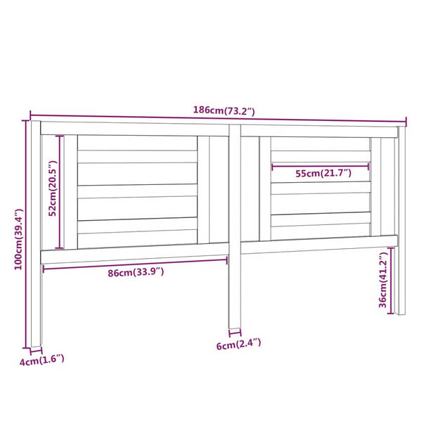 vidaXL Hoofdbord 186x4x100 cm massief grenenhout zwart