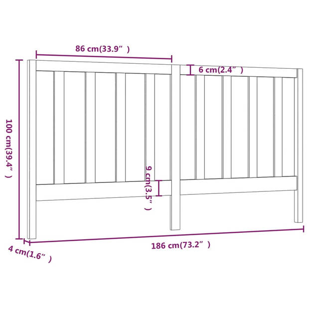 vidaXL Hoofdbord 186x4x100 cm massief grenenhout zwart