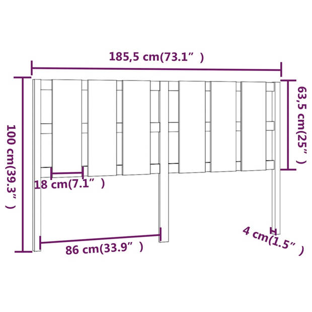 vidaXL Hoofdbord 185,5x4x100 cm massief grenenhout grijs