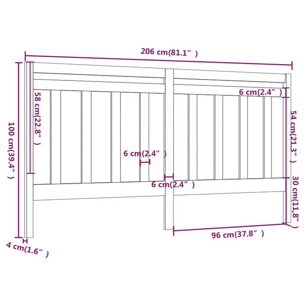 vidaXL Hoofdbord 206x4x100 cm massief grenenhout