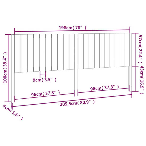 vidaXL Hoofdbord 205,5x4x100 cm massief grenenhout wit