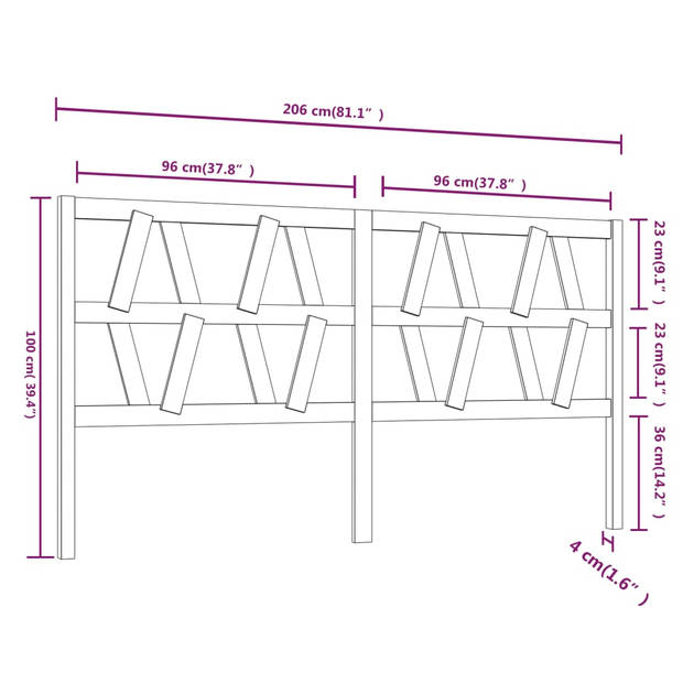 vidaXL Hoofdbord 206x4x100 cm massief grenenhout