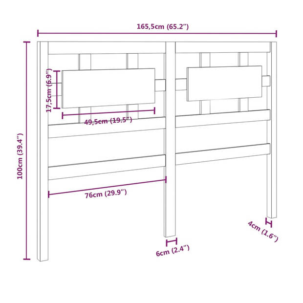 vidaXL Hoofdbord 165,5x4x100 cm massief grenenhout zwart