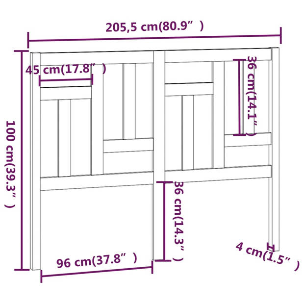 vidaXL Hoofdbord 205,5x4x100 cm massief grenenhout zwart