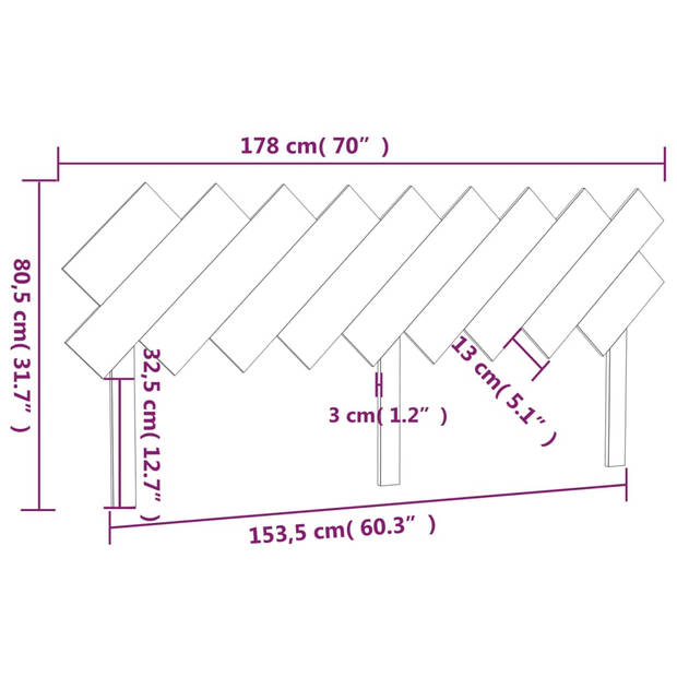 vidaXL Hoofdbord 178x3x80,5 cm massief grenenhout grijs