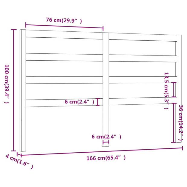 vidaXL Hoofdbord 166x4x100 cm massief grenenhout grijs