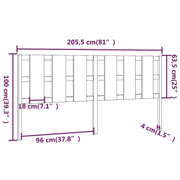 vidaXL Hoofdbord 205,5x4x100 cm massief grenenhout honingbruin