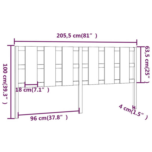 vidaXL Hoofdbord 205,5x4x100 cm massief grenenhout grijs