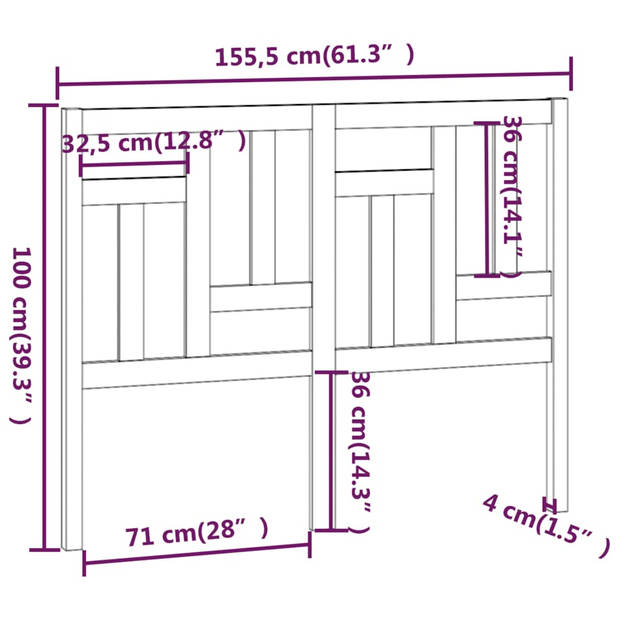 vidaXL Hoofdbord 155,5x4x100 cm massief grenenhout grijs