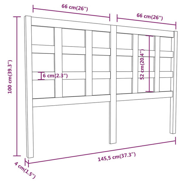 vidaXL Hoofdbord 145,5x4x100 cm massief grenenhout grijs