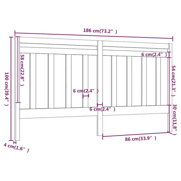 vidaXL Hoofdbord 186x4x100 cm massief grenenhout zwart