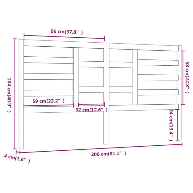 vidaXL Hoofdbord 206x4x104 cm massief grenenhout zwart