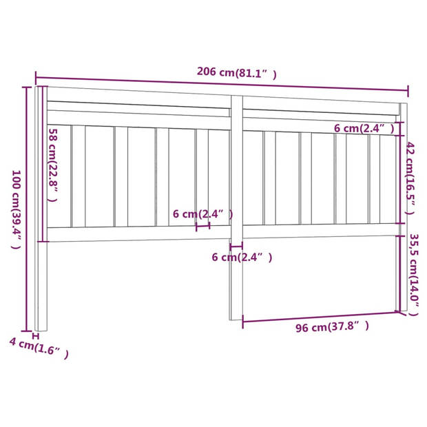 vidaXL Hoofdbord 206x4x100 cm massief grenenhout grijs