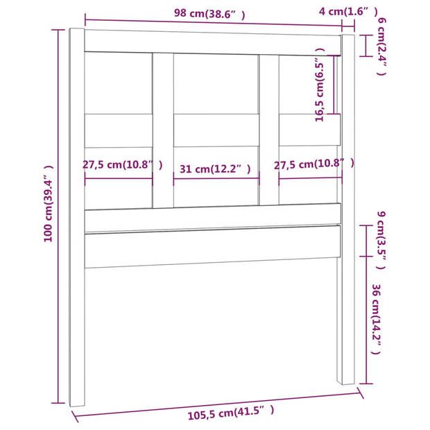 vidaXL Hoofdbord 105,5x4x100 cm massief grenenhout honingbruin