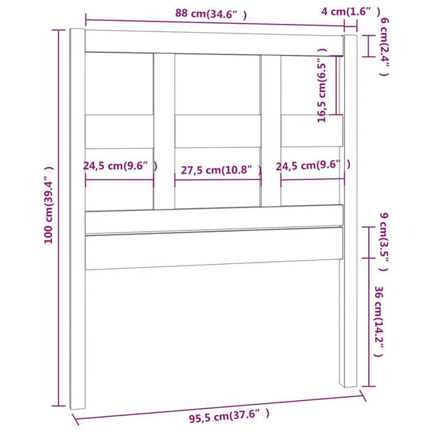 vidaXL Hoofdbord 95,5x4x100 cm massief grenenhout honingbruin