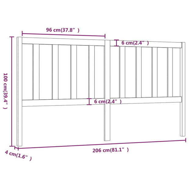 vidaXL Hoofdbord 206x4x100 cm massief grenenhout wit